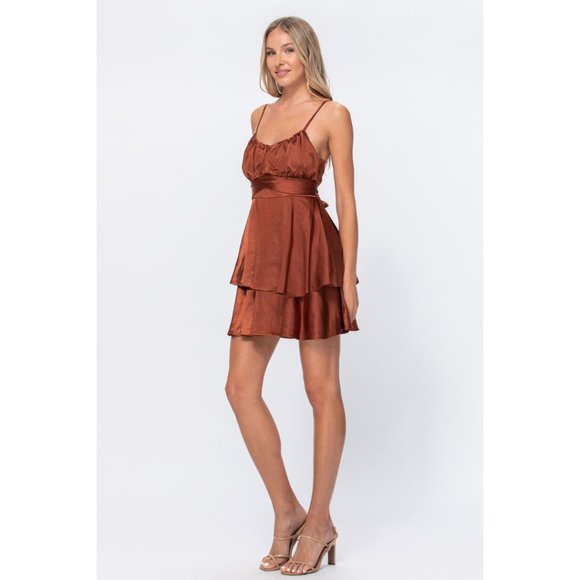 Brown Satin Ruffle Mini Dress - Picture 4 of 6